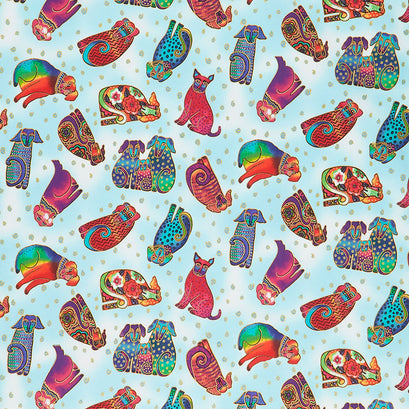 Kindred Canines - Tossed Dogs LIght Aqua Metallic Yardage