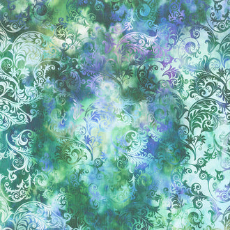 Floragraphix V - Leaf Swirl Green Blue Yardage