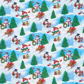 Frosty Friends - Snowmen Winter Scene Blue Digitally Printed Yardage