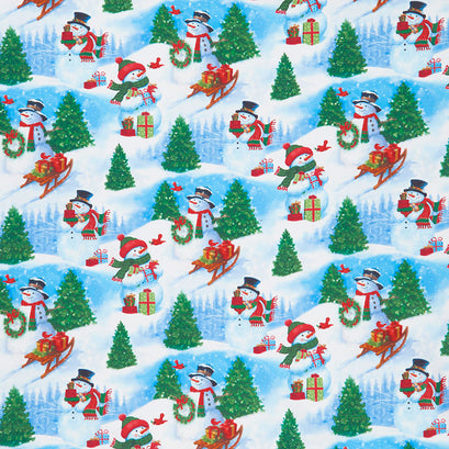 Frosty Friends - Snowmen Winter Scene Blue Digitally Printed Yardage