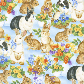 Garden Gathering - Bunnies Allover Blue Yardage