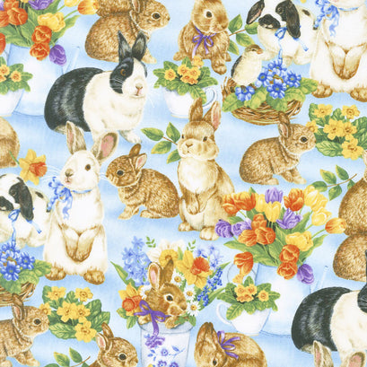 Garden Gathering - Bunnies Allover Blue Yardage