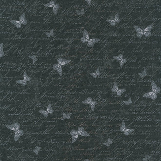 Garden Rose - Antique Butterfly Text Black Yardage