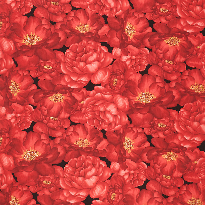 Garden Rose - Packed Large Red Roses Black Yardage