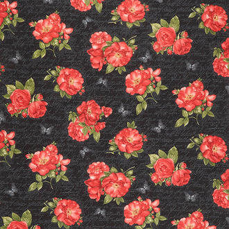 Garden Rose - Red Roses on Ancient Text Black Yardage