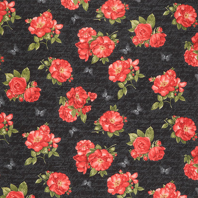Garden Rose - Red Roses on Ancient Text Black Yardage