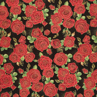 Gilded Rose - Red Medium Roses Black Metallic Yardage