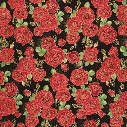 Gilded Rose - Red Medium Roses Black Metallic Yardage