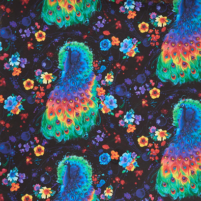 Glow - Rainbow Peacock and Flowers Black Yardage