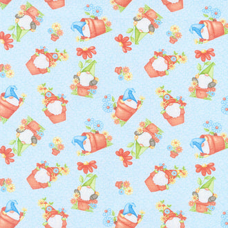 Gnome is Where Your Garden Grows - Gnomes in Clay Pots Blue Yardage