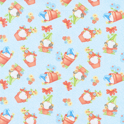 Gnome is Where Your Garden Grows - Gnomes in Clay Pots Blue Yardage
