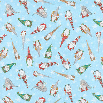 Gnoming Through the Snow - Tossed Gnomes Light Blue Yardage