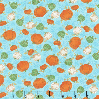 Happy Fall - Tossed Pumpkins Farmhouse Aqua Yardage