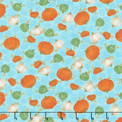 Happy Fall - Tossed Pumpkins Farmhouse Aqua Yardage