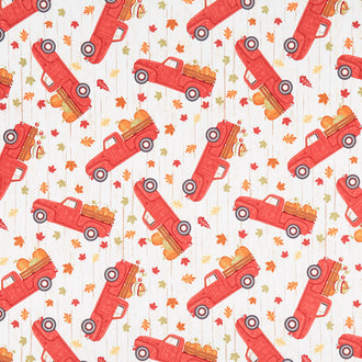 Happy Fall Y'all - Red Trucks with Pumpkins Natural Yardage