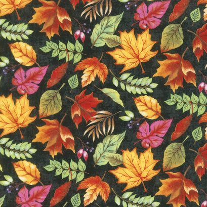 Happy Gatherings - Tossed Leaves Black Yardage