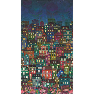 Happy Place - City Houses Border Night Digitally Printed Running Yardage