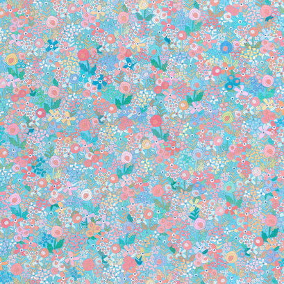 Happy Place - Flowers Blender Paris Blue Digitally Printed Yardage