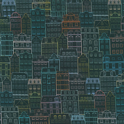 Happy Place - Town Buildings Houses Night Digitally Printed Yardage