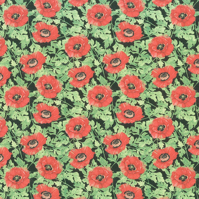 Harlequin Poppies - Poppies and Leaves Black Yardage
