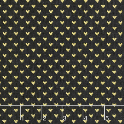 Hello Sweetheart - Mini Hearts Black With Gold Sparkle Yardage