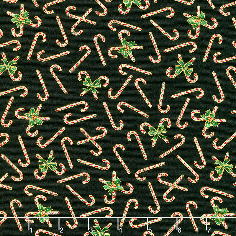 Holiday Charms - Candy Canes Black Metallic Yardage