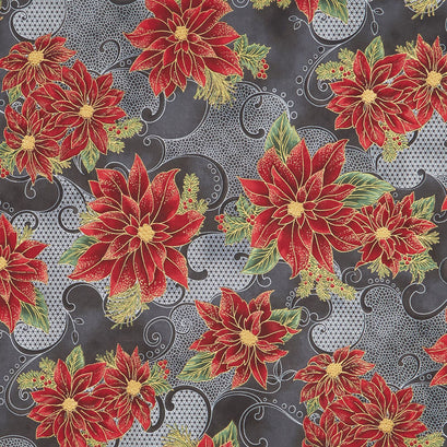 Holiday Flourish 12 - Poinsettia Black Metallic Yardage