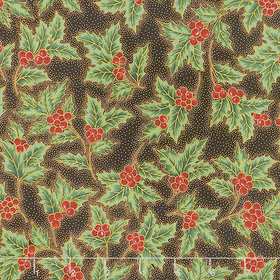 Holiday Flourish 13 - Holiday Holly Berries Black Metallic Yardage