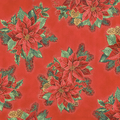 Holiday Flourish 13 - Holiday Poinsettia Bouquet Red Metallic Yardage