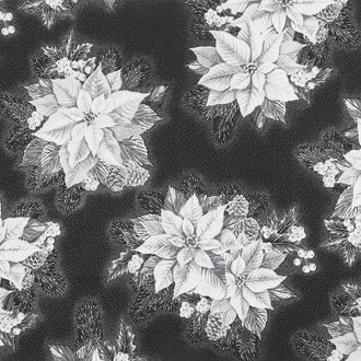 Holiday Flourish 13 - Silver Poinsettia Bouquet Onyx Metallic Yardage
