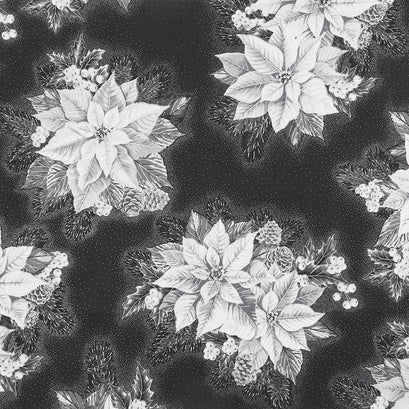 Holiday Flourish 13 - Silver Poinsettia Bouquet Onyx Metallic Yardage
