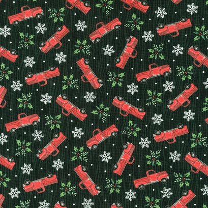 Home Sweet Holidays - Tossed Trucks Charcoal Black Yardage