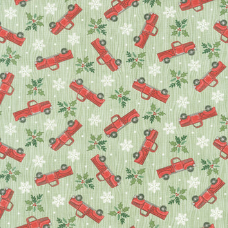 Home Sweet Holidays - Tossed Trucks Holly Green Yardage