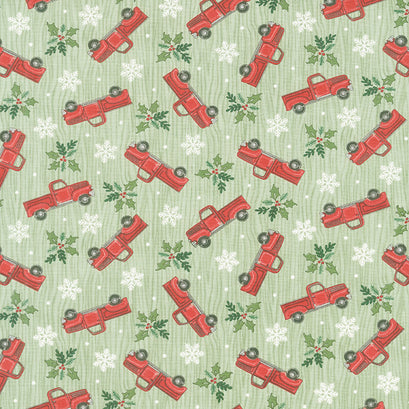Home Sweet Holidays - Tossed Trucks Holly Green Yardage