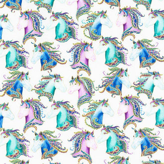 Horsen Around - Horse Portraits White Multi Metallic Yardage