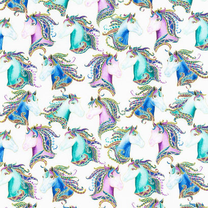 Horsen Around - Horse Portraits White Multi Metallic Yardage