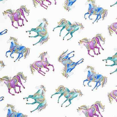Horsen Around - Reigning Horses White Multi Metallic Yardage