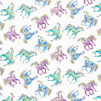 Horsen Around - Small Reigning Horses White Multi Metallic Yardage