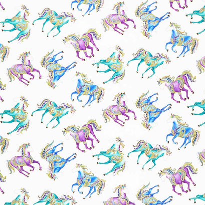 Horsen Around - Small Reigning Horses White Multi Metallic Yardage