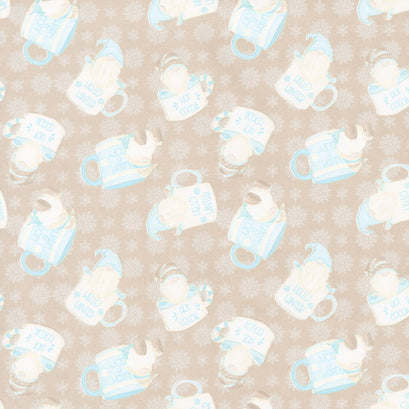I Love Sn'Gnomies - Hot Cocoa Cup Gnomes Brown Flannel Yardage