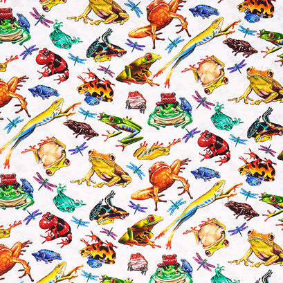 Jewels of the Jungle - Frog and Dragonfly White Yardage