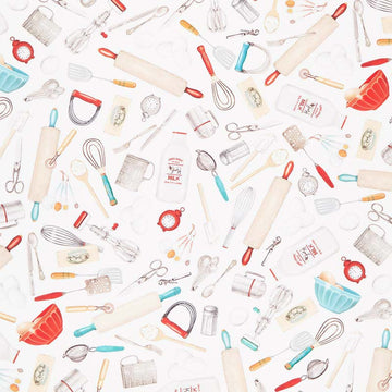 Kiss the Cook - Utensils Milk White Digitally Printed Yardage Primary Image