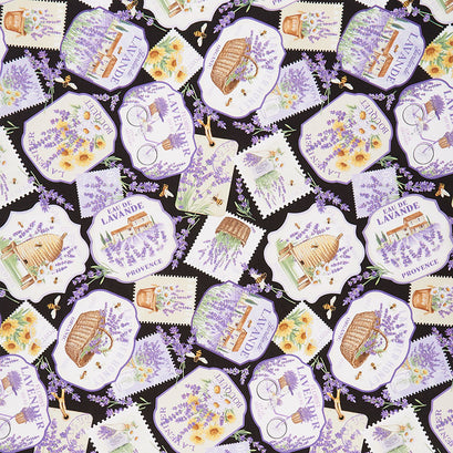 Lavender Market 3 - Labels Black Multi Digitally Printed Yardage