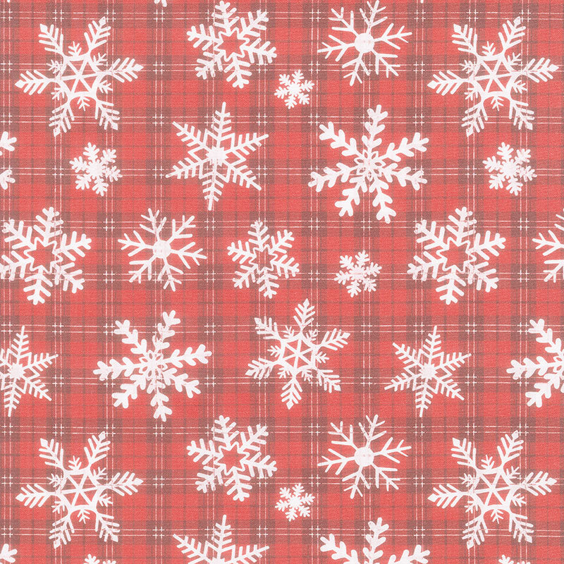 Let It Snow - Snowflakes on Plaid Red Yardage