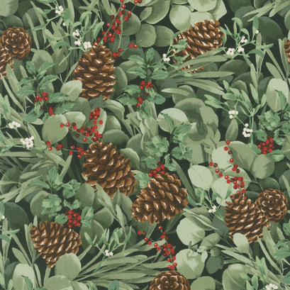 Let It Sparkle - Eucalyptus Garland Radiant Silver Sage with Red Glitter Yardage