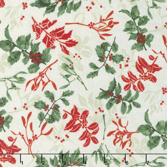 Let It Sparkle - Holly Berry Radiant Silver Sage with Red Glitter Yardage