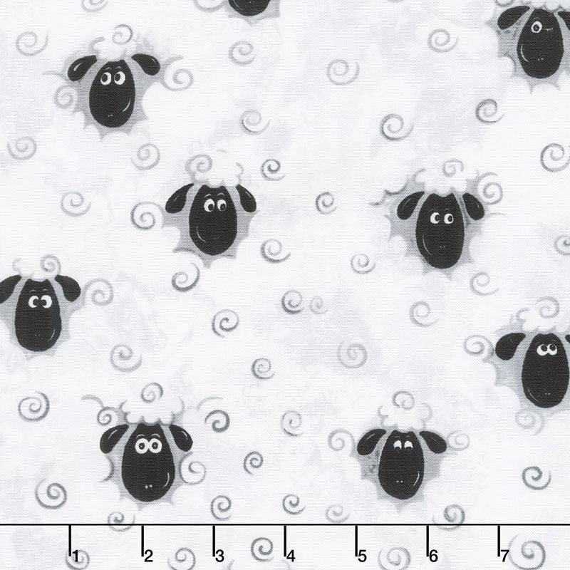 Lewe the Ewe - Sheep Heads & Curls White Yardage