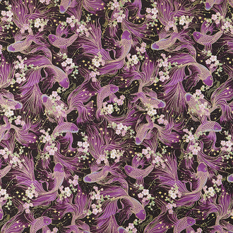 Majestic - Japanese Cherry Blossoms and Koi Black Metallic Yardage