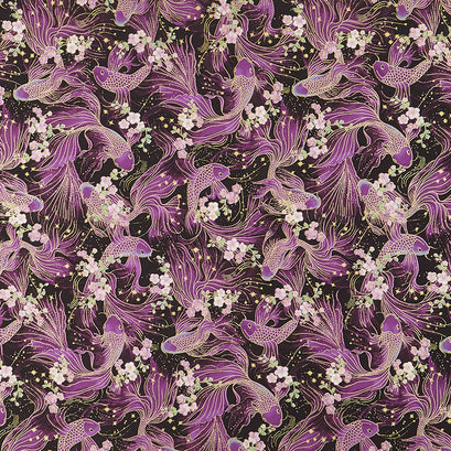 Majestic - Japanese Cherry Blossoms and Koi Black Metallic Yardage