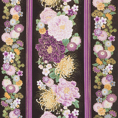 Majestic - Japanese Purple Floral Stripe Black Metallic Yardage